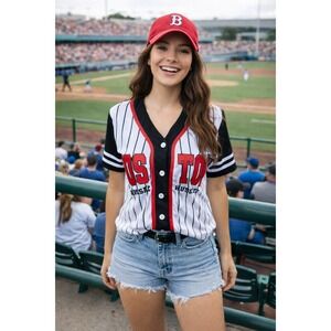 Orange Kiss Boston‎ Jersey Tee Size M Varsity Y2K Baseball Sporty Blockcore